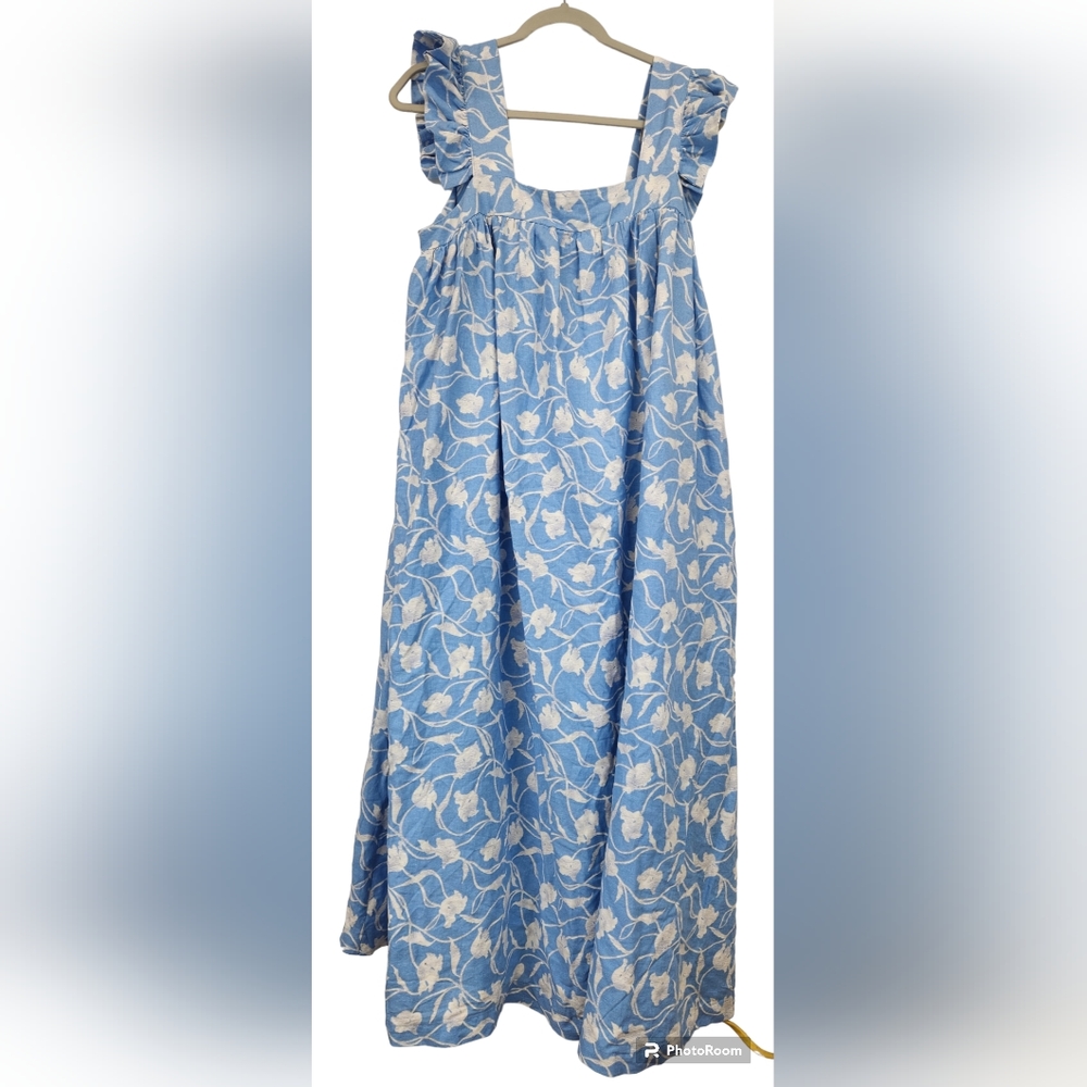A New Day Women's A Line  Blue Floral Sleeveless Ruffled Straps XXL Linen Blend